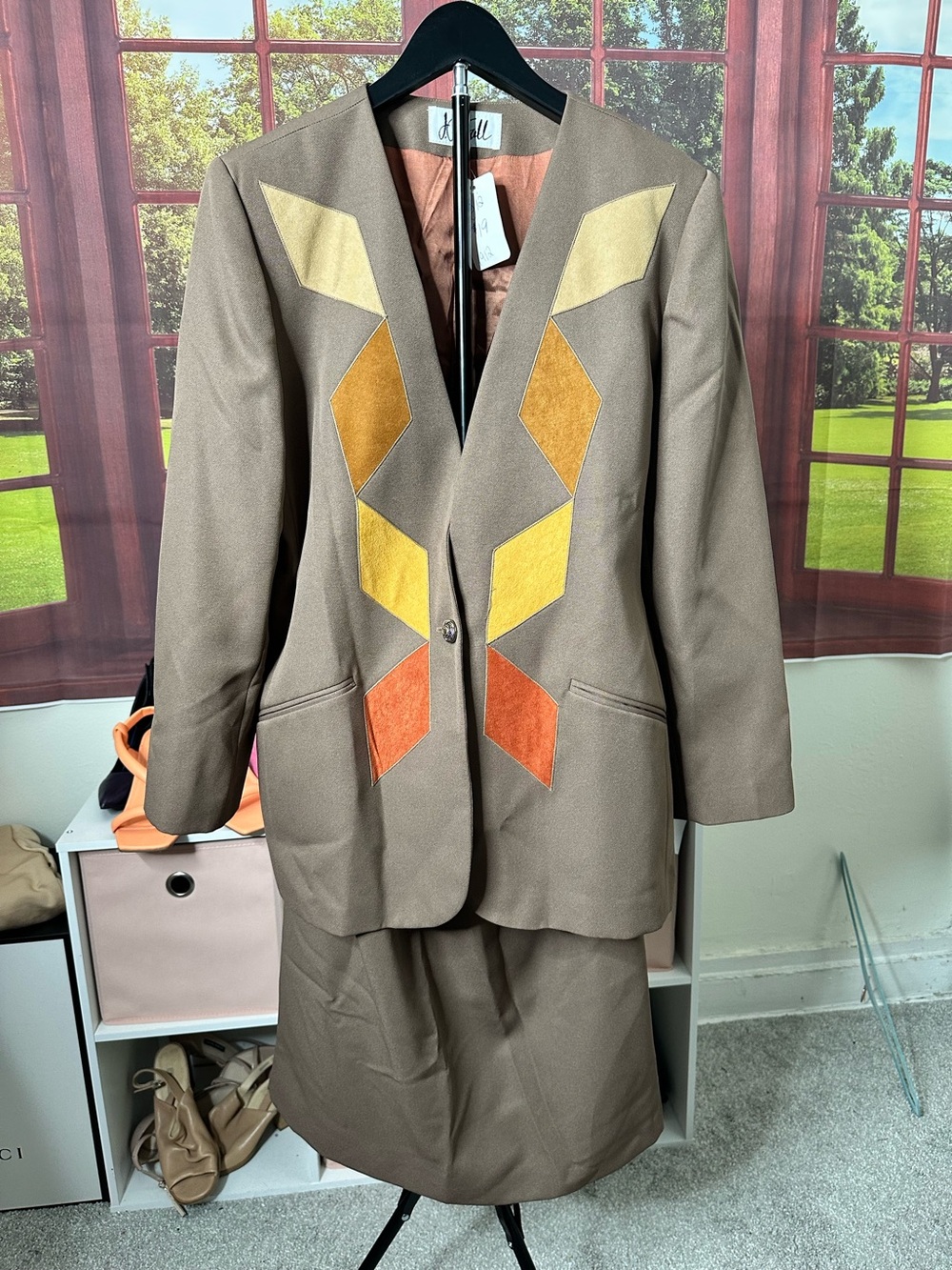 Vintage JP Fall Taupe Women's 2pc Skirt Suit with Multicolor Suede Inlays
